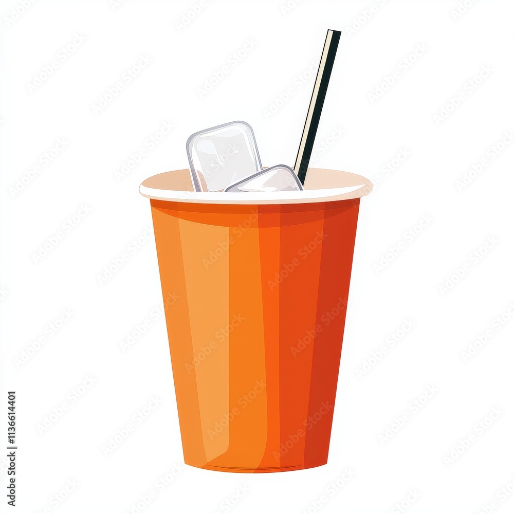 A vibrant orange cup filled with ice cubes and a straw, perfect for refreshing beverages on a warm day. A vibrant orange cup filled with ice cubes and a straw, perfect for refreshing beverages on a warm day.