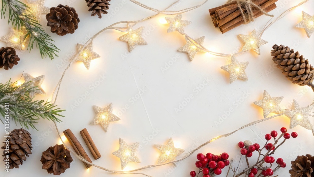 Festive Christmas Decor with String Lights, Pine Cones, Cinnamon Sticks and Holly Berries on White Background Festive Christmas Decor with String Lights, Pine Cones, Cinnamon Sticks and Holly Berries on White Background