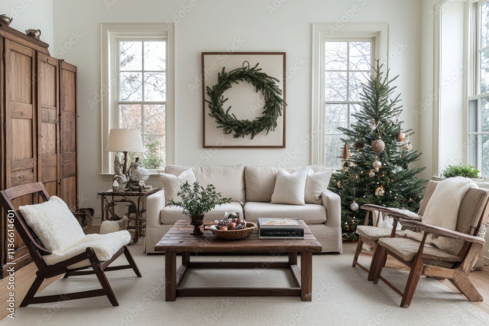 Minimalist living room with Christmas tree and natural wreath decor Minimalist living room with Christmas tree and natural wreath decor