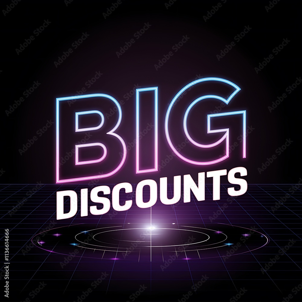 Obraz premium Neon Big Discounts Sign Retro Futuristic Design