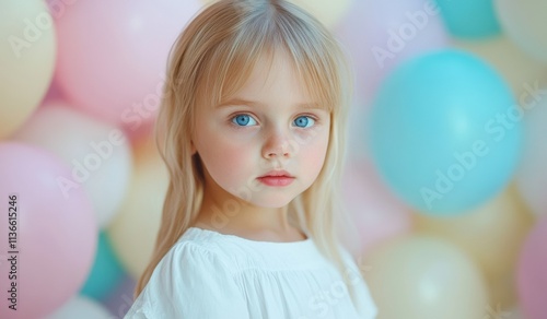 The little girl soft smile and blue eyes shine, set against pastel balloons for a joyful, charming portrait style.