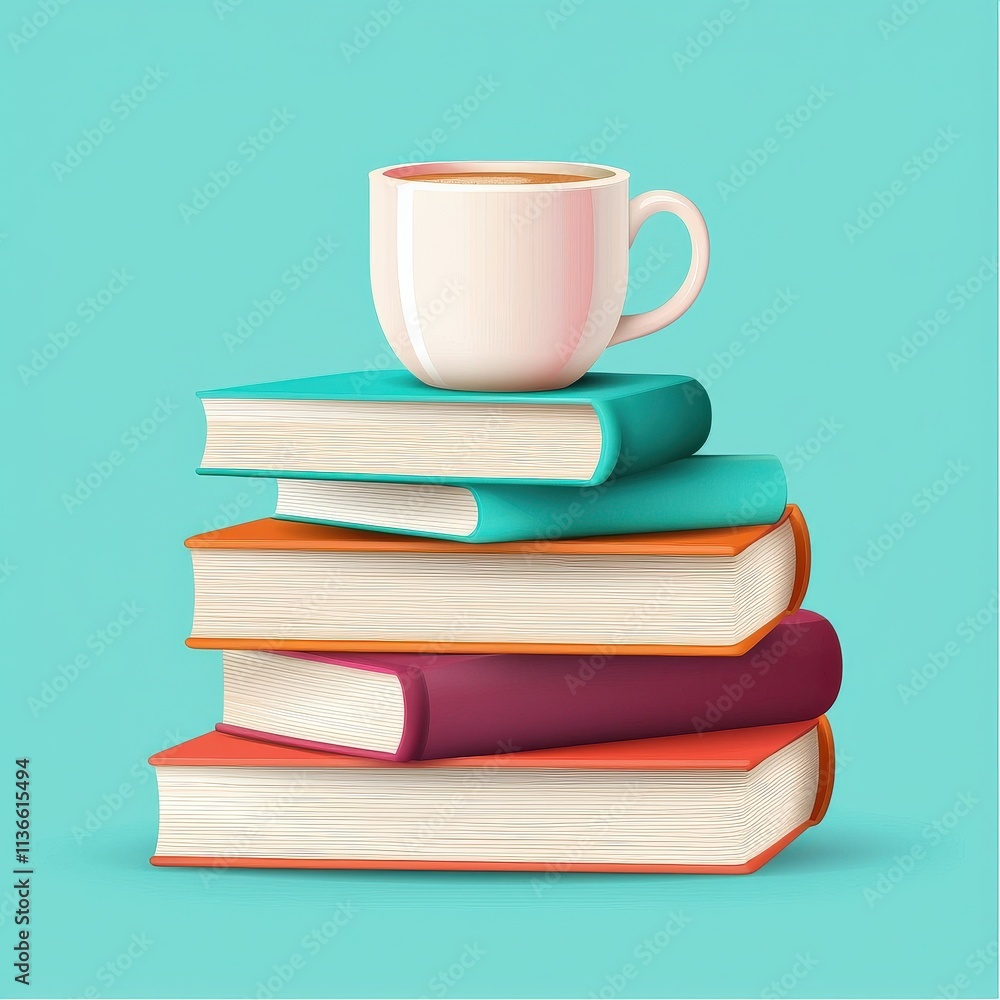 A cozy stack of colorful books topped with a steaming cup, set against a bright turquoise background, perfect for a reading nook.