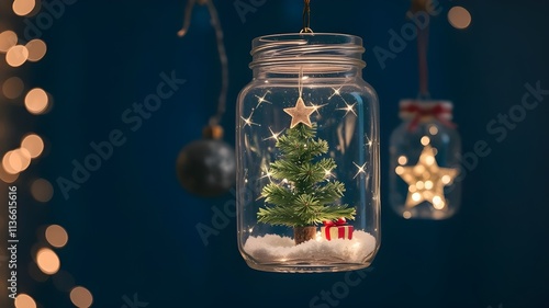 Closeup elegant Christmas tree and ornaments in hanging glass jar decoration with Fairy lights. Trendy vector illustration with Christmas decorative elements. Bright Christmas banners for ads, cover, 