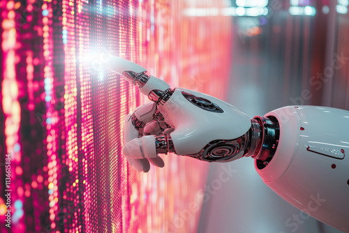 white robot hand with finger touching a pink digital wall AI interacting with data