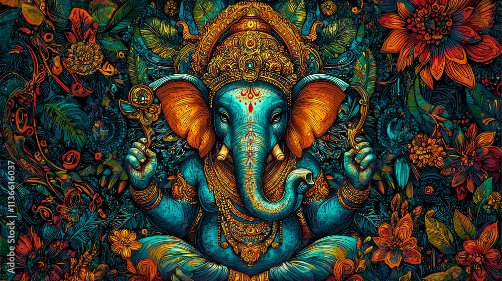 Teal Ganesha deity amidst vibrant floral artwork. Teal Ganesha deity amidst vibrant floral artwork.