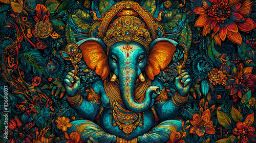 Wallpaper Mural Teal Ganesha deity amidst vibrant floral artwork. Torontodigital.ca