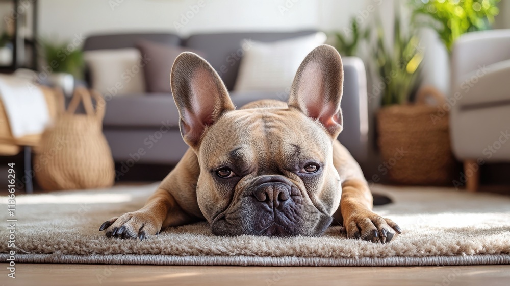 French bulldog resting on plush rug in tastefully decorated living room French bulldog resting on plush rug in tastefully decorated living room