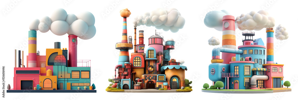 Fototapeta premium Colorful Industrial Buildings with Smoke and Pipes