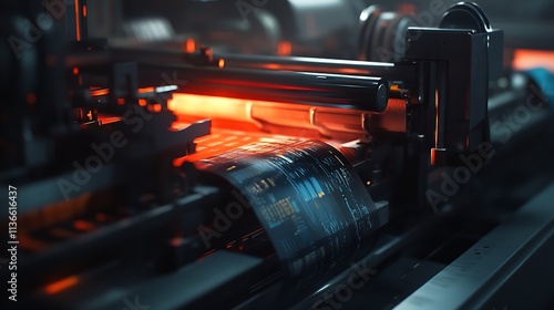 Close-up of a High-Speed Printing Machine in Action, Producing Vibrant, Multicolored Prints in a Busy Printing Facility During Daylight Hours

 photo