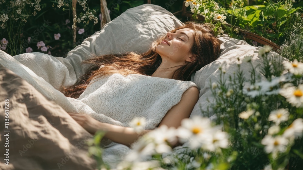 woman sleeping peacefully in a flower garden woman sleeping peacefully in a flower garden