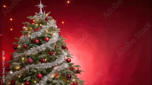 A festive Christmas tree with red ornaments and twinkling lights against a red background, ready for holiday celebrations.