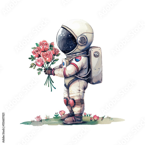 cute astronaut holding roses bouquet vector illustration in watercolor style