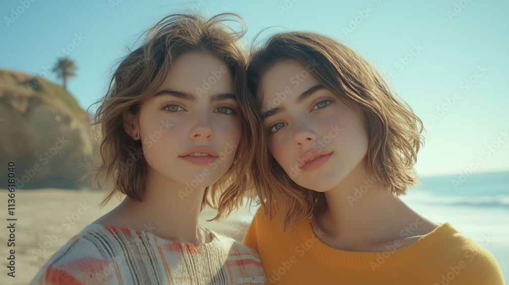 Fototapeta premium Two young women close together at the beach Youthful friendly close connection