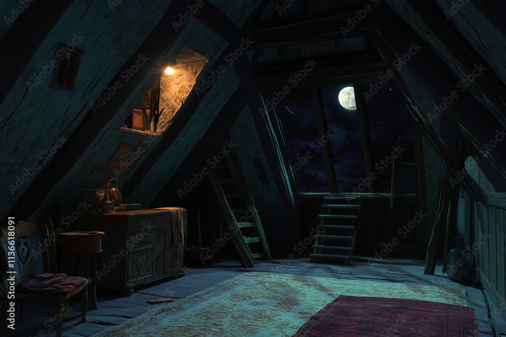 Old attic interior illuminated by moonlight at night with rustic decor and wooden beams Old attic interior illuminated by moonlight at night with rustic decor and wooden beams