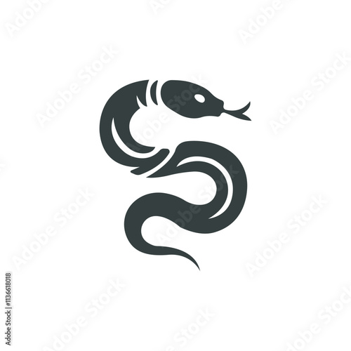 Vector black snake icon. Snake symbol of 2025. Black simple snake logo. Snake silhouette. Vector illustration.