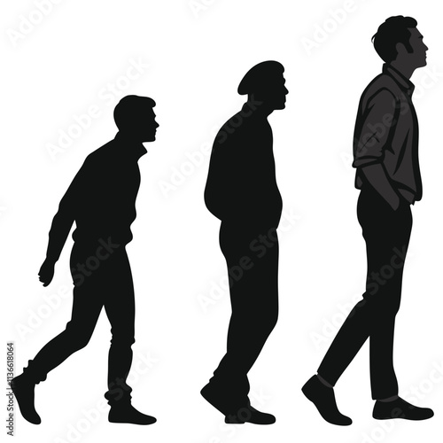 Three men are standing in a line. One of them is wearing a jacket. The other two are wearing pants