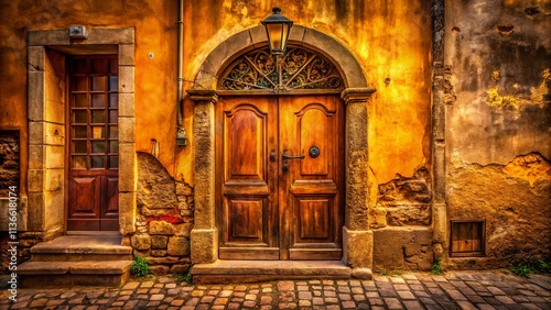 Sepia Vintage Door Street Level Drone Shot - Old Town Architecture Photography