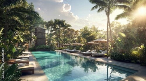 luxurious tropical resort pool and lounge area