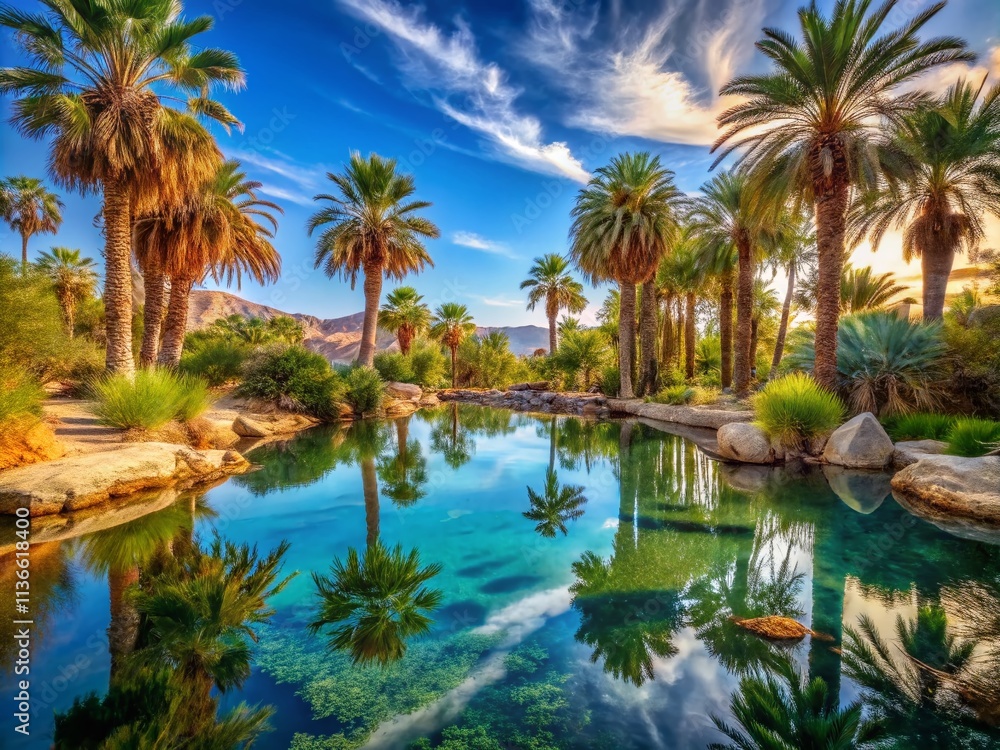 Fototapeta premium Serene Desert Oasis: Ultra HD Palm Trees, Blue Sky, Pool, Urban Exploration Photography