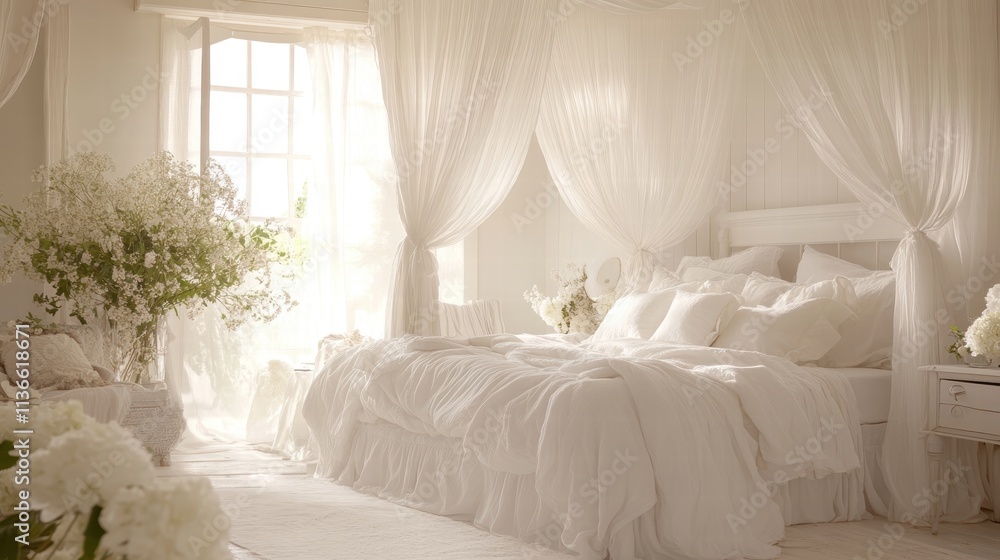 serene white bedroom with canopy bed and lush flowers serene white bedroom with canopy bed and lush flowers