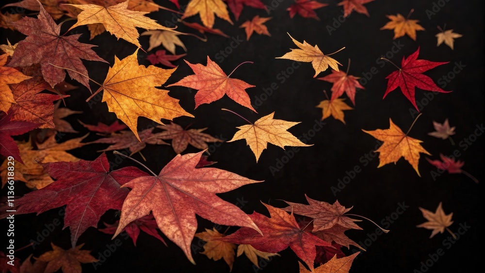 A cascade of vibrant red and orange leaves dances in the air, swirling and twirling against a backdrop of deep, velvety black. A cascade of vibrant red and orange leaves dances in the air, swirling and twirling against a backdrop of deep, velvety black.