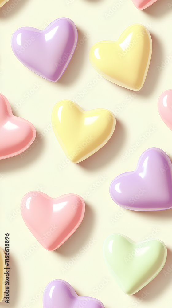 Pastel-colored heart-shaped candies in a seamless pattern Pastel-colored heart-shaped candies in a seamless pattern