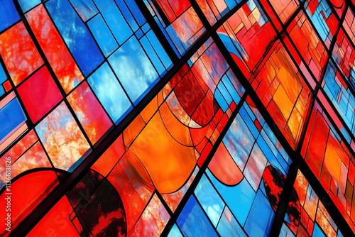 Arrangement of stained glass panels with red orange blue and yellow abstract background geometric shapes.
