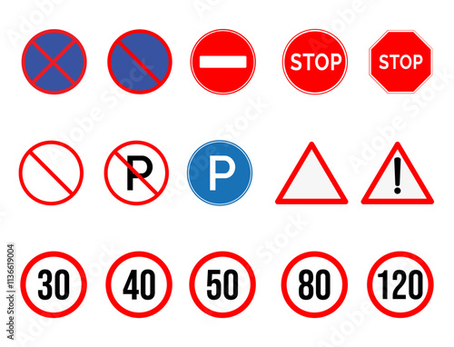 Collection of various road traffic signs with warnings and regulations, Various European road traffic signs displayed in a grid. Free Download Collection of various road traffic signs with warnings and regulations, Various European road traffic signs displayed in a grid. - GFXLoad