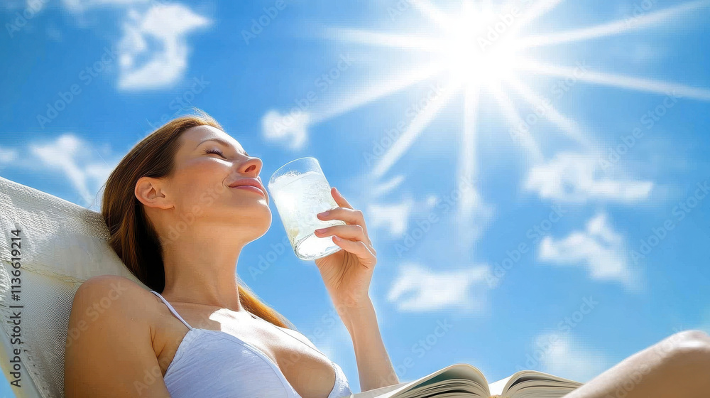 A woman relaxes in the sun, enjoying a drink and reading a book. A woman relaxes in the sun, enjoying a drink and reading a book.