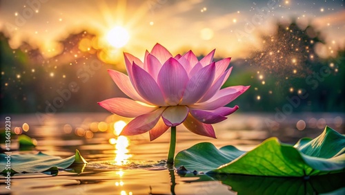 Wallpaper Mural Serene Morning Lotus Bloom:  Peaceful Sunrise, Water Lily, Buddhist Symbol, Spiritual Awakening, Floral Photography, Nature Beauty, Dew Drops,  Pink Lotus Flower, Sacred Flower, Asian Flower,   Torontodigital.ca
