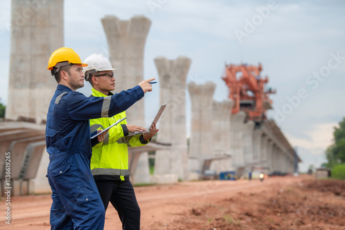 An Asian male engineer works at a motorway bridge construction site,Civil worker inspecting work on crossing construction,Supervisor working at high-speed railway construction site photo