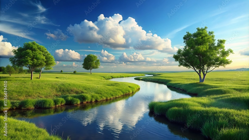 Obraz premium Serene River Landscape 4K Minimalist Video: Lush Green Grass, Blue Sky, Flowing Water, Nature Scenery