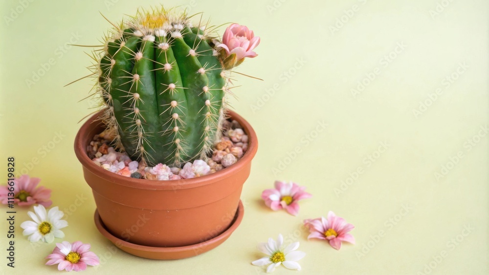 A potted cactus with a blooming flower in a minimalist setting with pink and white flowers on a yellow background A potted cactus with a blooming flower in a minimalist setting with pink and white flowers on a yellow background