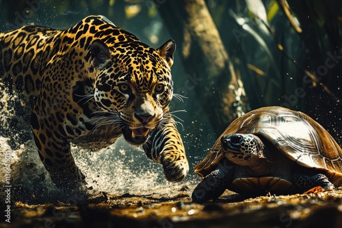 Jaguar chasing a turtle in a jungle setting photo