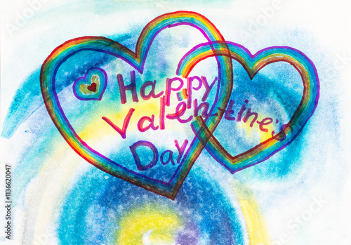 Valentine's greetings in English letters, English words, heart, watercolor background,	heart, rainbow, minorities, homosexuals