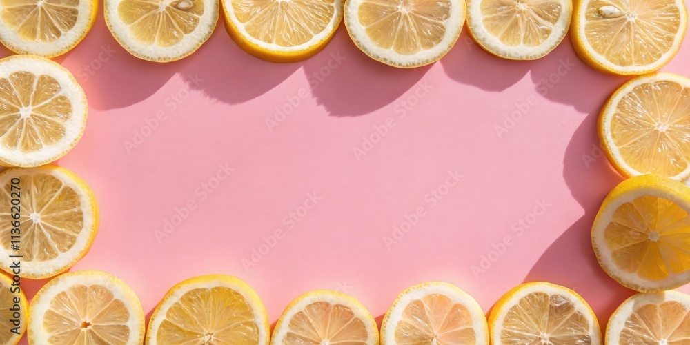 A frame of yellow lemon slices against a pink background. The lemons are arranged in a circle, with the pink background filling the center. A frame of yellow lemon slices against a pink background. The lemons are arranged in a circle, with the pink background filling the center.