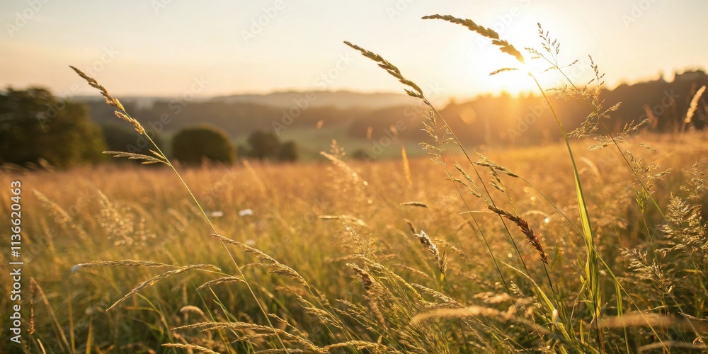 Obraz premium Golden Hour Sun Rays Glowing Through Tall Grass Blades in a Field of Lush Greenery