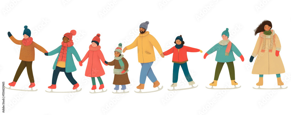 Fototapeta premium Winter family group ice skating. A colorful illustration of a group of people holding hands and ice skating, dressed in winter clothing, creating a festive scene.
