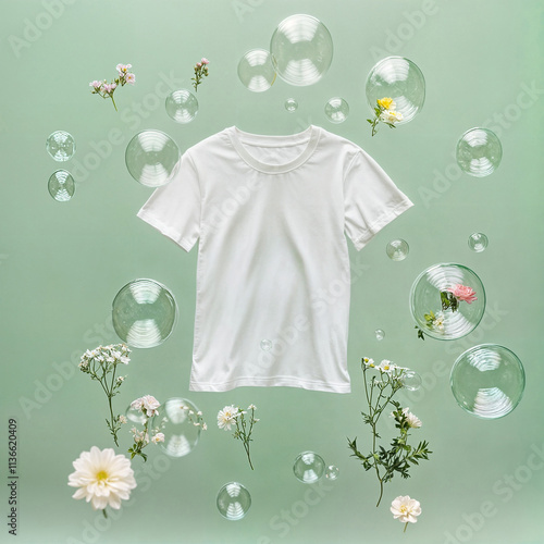 clean t-shirt floating with soap bubbles and flowers, laundry concept