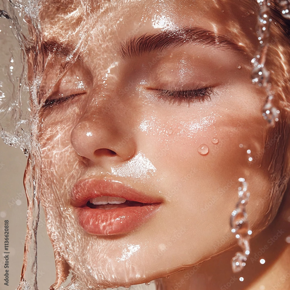 Water gently flowing down the contours of a woman face, symbolizing hydration and moisturising, the concept of cosmetology and healthy skin Water gently flowing down the contours of a woman face, symbolizing hydration and moisturising, the concept of cosmetology and healthy skin