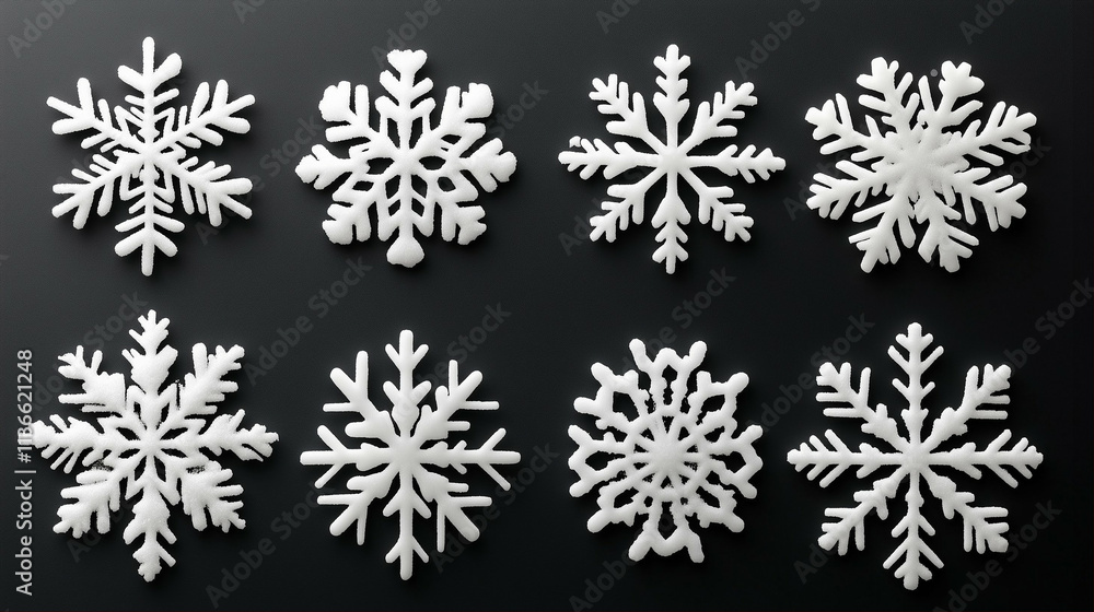 Snowflakes graphic resources on a dark background showing various designs and shapes for winter themes or decor Snowflakes graphic resources on a dark background showing various designs and shapes for winter themes or decor