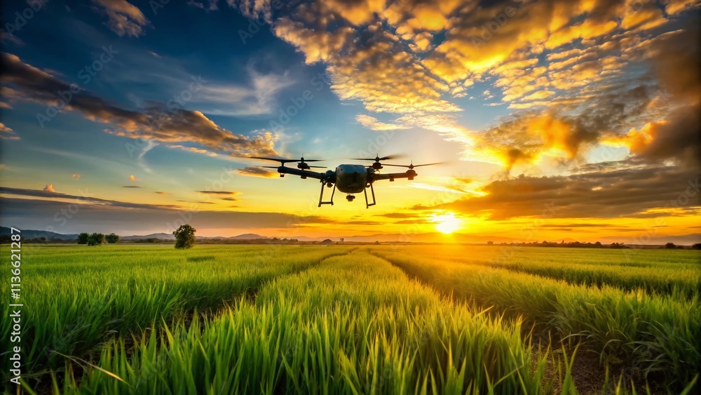 Silhouette Drone Aerial Rice Field Survey Mapping Spraying Agriculture Technology Silhouette Drone Aerial Rice Field Survey Mapping Spraying Agriculture Technology