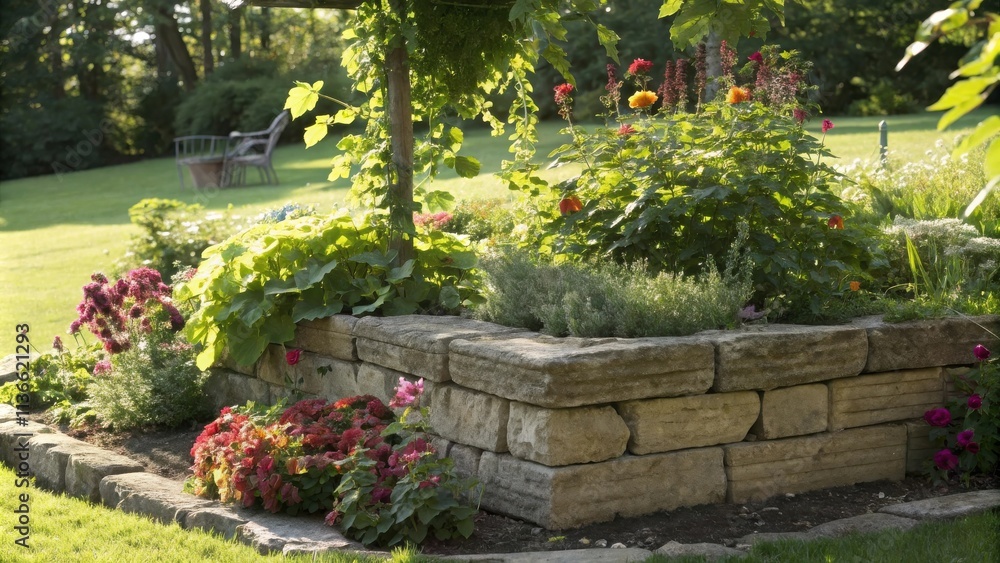 A stone wall garden with various flowers and foliage, showcasing a vibrant and lush landscape A stone wall garden with various flowers and foliage, showcasing a vibrant and lush landscape