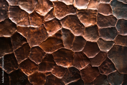 Texture of hammered copper plates showing intricate patterns and reflections of light photo