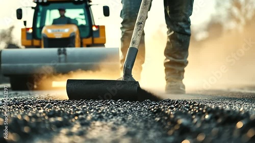Construction Worker Smoothing Asphalt with Steam Roller Background