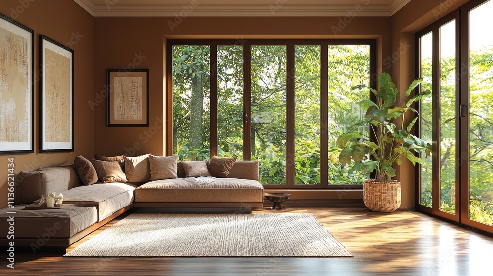 Fototapeta premium Spacious modern living room with large windows and plush sofa overlooking lush greenery
