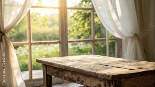 Rustic wooden table with a view of a sunlit garden through a window with sheer curtains