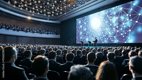 Corporate Conference Attendees Listening to Speaker in Event Hall