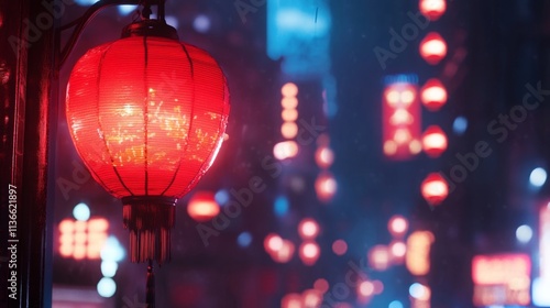 Chinese red lantern in the night of Chinese New Year of happiness in china town