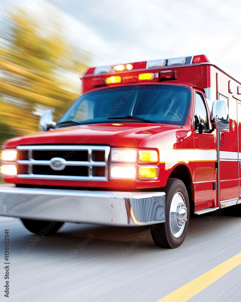 Emergency Response Team Racing to Save Lives in a Bright Red Ambulance on a Busy Road Emergency Response Team Racing to Save Lives in a Bright Red Ambulance on a Busy Road